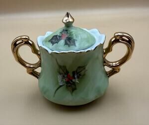 Vintage Lefton Christmas Poinsettia Lidded Sugar Bowl Gold Trim Hand Painted